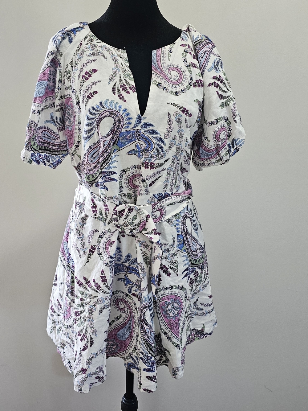 LOFT White Paisley Tie-Waist Linen Blend Mini Dress Size 2{Bx19} - Picture 2 of 15